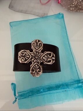 Black Leather Cuff Bracelet with Decorative Silver Cross